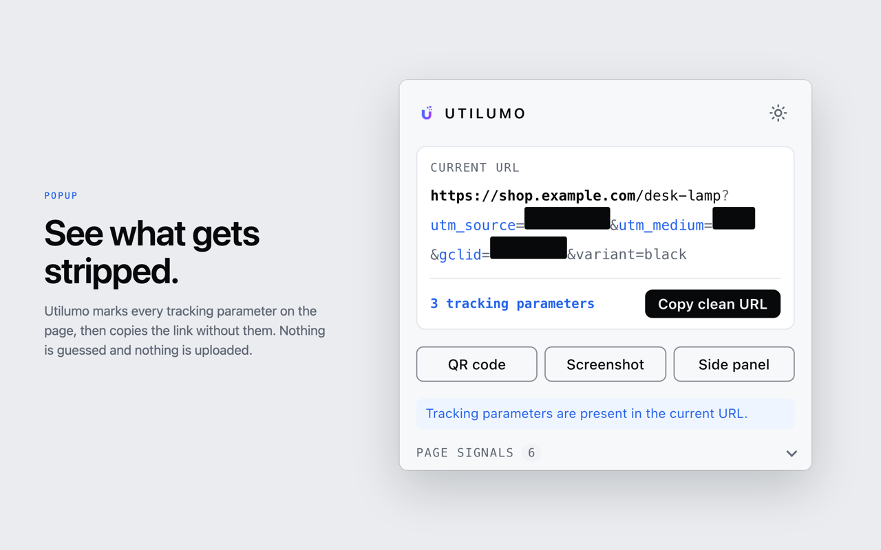 Utilumo’s popup highlights tracking parameters in a URL and offers Copy clean URL, QR code, Screenshot and Side panel actions.